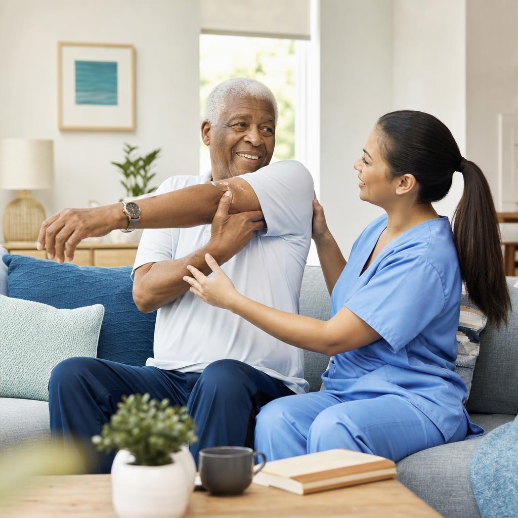 A home health professional helping an older adult with a gentle wellness exercise