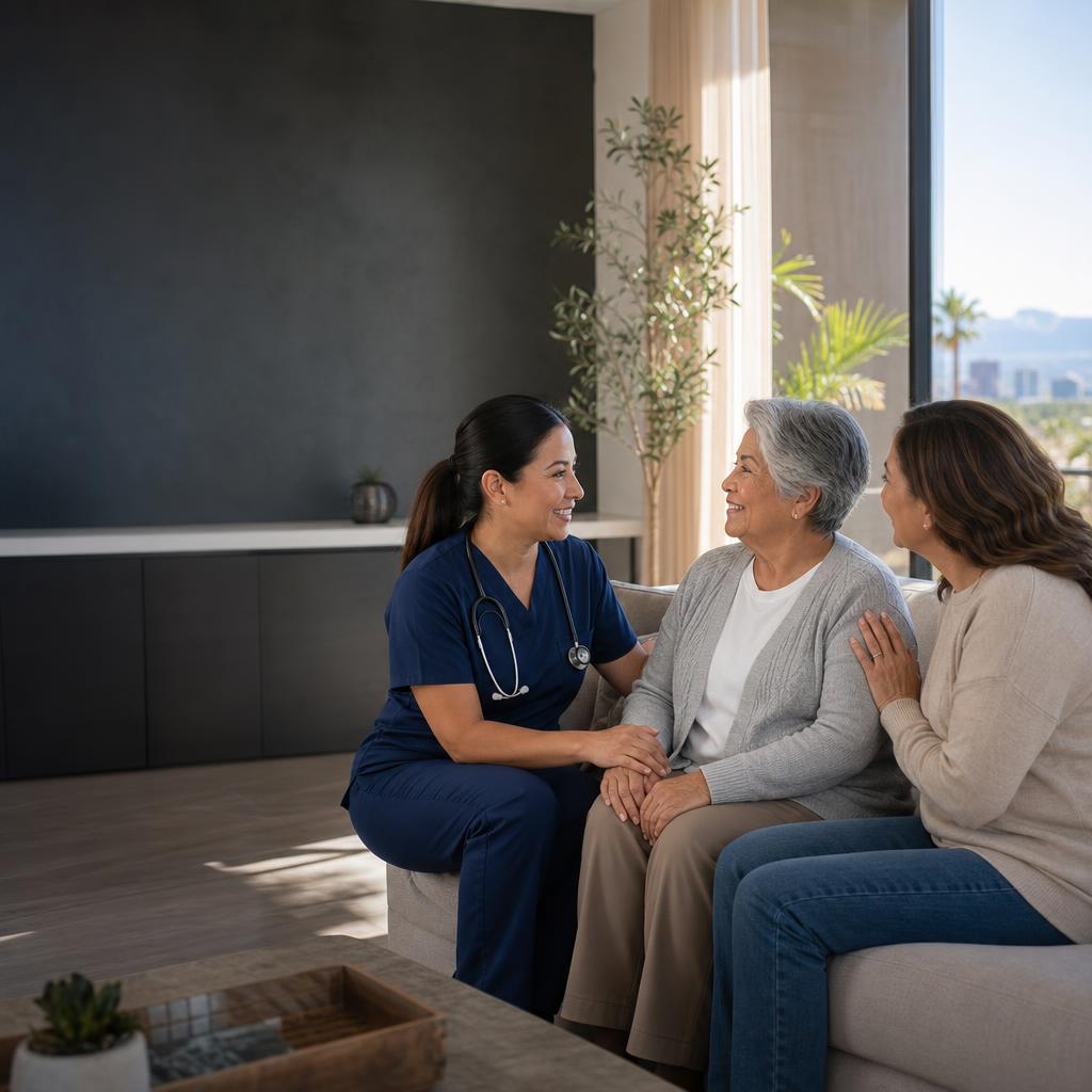 A home health nurse meeting with an older patient and her family at home